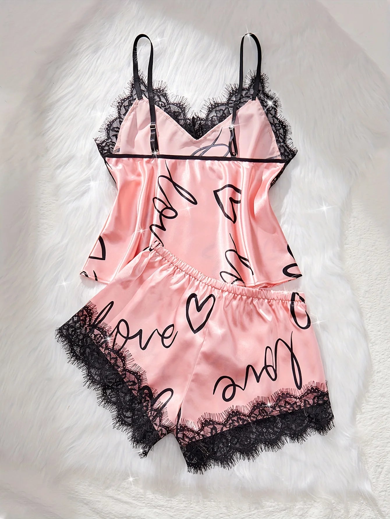 Women‘s Milk Silk Pajamas Set Summer Sleeveless Yellow Heart Print Lace Trim Soft Summer Sleepwear Lounge Sets Nightwear - Prolificstore