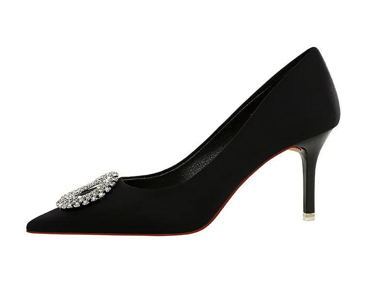 2025 New Shallow Mouth Women's Pumps Fashion Satin Rhinestone Round Buckle Stiletto Solid Color Pointed Sexy Ladies Single Shoes
