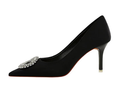 2025 New Shallow Mouth Women's Pumps Fashion Satin Rhinestone Round Buckle Stiletto Solid Color Pointed Sexy Ladies Single Shoes