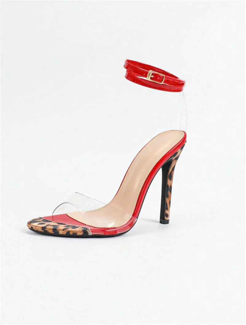 Liyke Sexy Leopard Print High Heels Transparent Sandal Fashion Red Patent Leather Ankle Strap Women Party Stripper Shoes Size 43