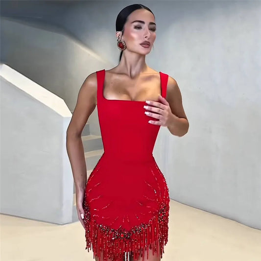 Women Sexy Sleeveless Bandage Dress Fashion Beading Tassel Clothes Club Party Bodycon Dresses - Prolificstore