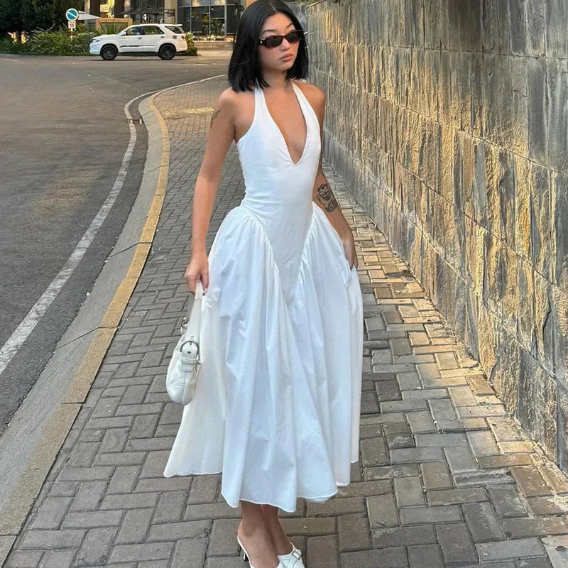 Talenza Backless Deep V Spliced Long Dress Summer Women's Sexy Party Dress Halter New Fashion Slim White Sleeveless Long Dress