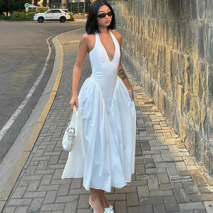 Talenza Backless Deep V Spliced Long Dress Summer Women's Sexy Party Dress Halter New Fashion Slim White Sleeveless Long Dress