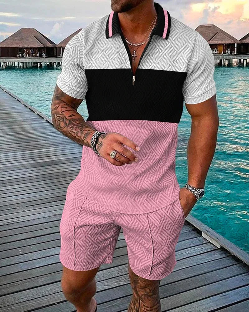 Summer New Men's 3D Printing Short Sleeve Zipper Polo Shirt Shorts Set  Men Casual  2-piece Vacation Beach Set - Prolificstore