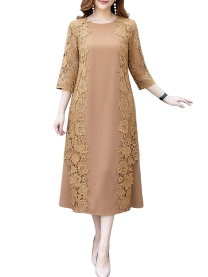 ZANZEA Women Stylish Lace Patchwork Dresses 2025 Autumn 3/4 Sleeve Office Sundress Embroidered Midi Robe Elegant Party Dress - Prolificstore