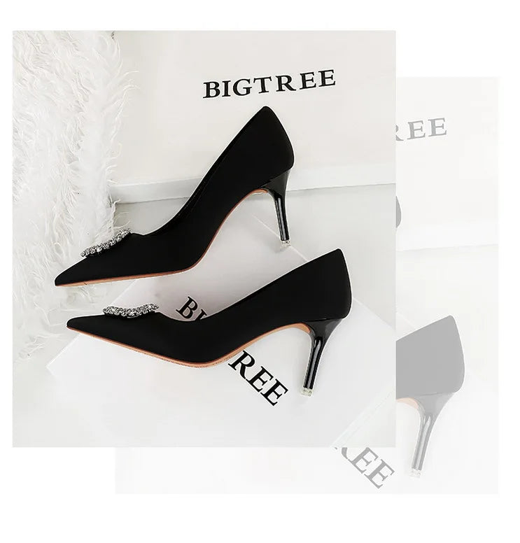 2025 New Shallow Mouth Women's Pumps Fashion Satin Rhinestone Round Buckle Stiletto Solid Color Pointed Sexy Ladies Single Shoes