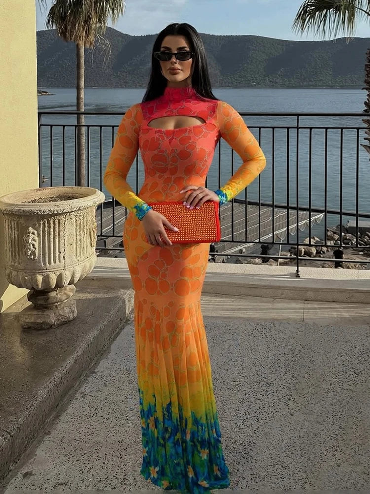 kliou Mesh Panelled Women Maxi Dress Sexy Stunning Point Print Full Sleeve O-neck Sheath Robe Mujer Hipster Festival Party Frock - Prolificstore