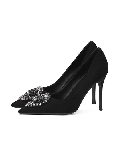 Black Velvet Womens High Heels Elegant Stiletto Pointed Toe Cover Heel Round Flower Pumps Rhinestone Satin Spring Autumn Shoes
