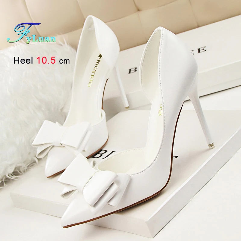 2025 High Heels 10.5cm Women's Shoes Side Hollowed Out Slim Heels Shallow Mouth Lady Pumps Butterfly-Knot Stiletto Banquet Shoes