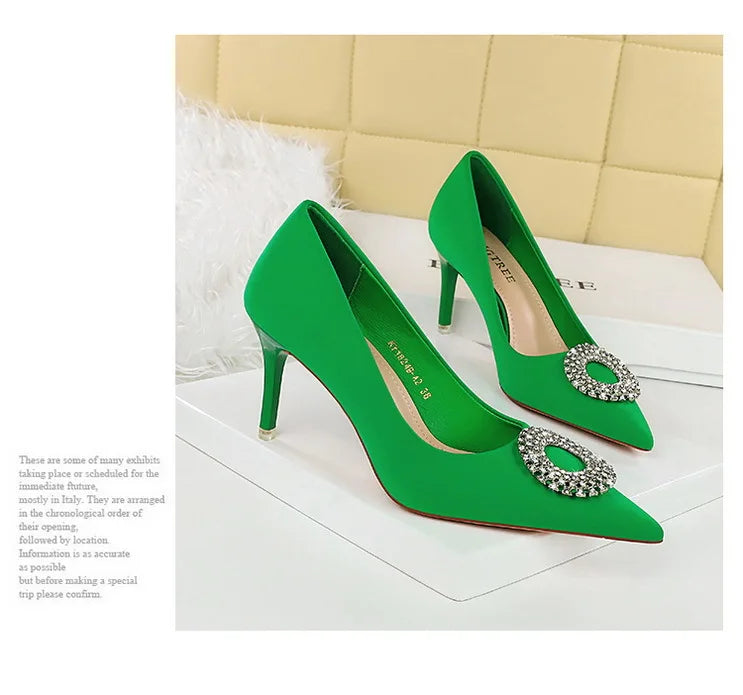 2025 New Shallow Mouth Women's Pumps Fashion Satin Rhinestone Round Buckle Stiletto Solid Color Pointed Sexy Ladies Single Shoes
