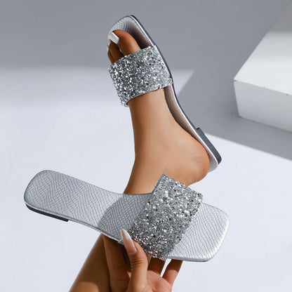 Women's Fashion Silver Sequin Flat Sandals 2025 Summer Open Toe Outdoor Slippers Woman Plus Size 43 Footwear Zapatos De Mujer