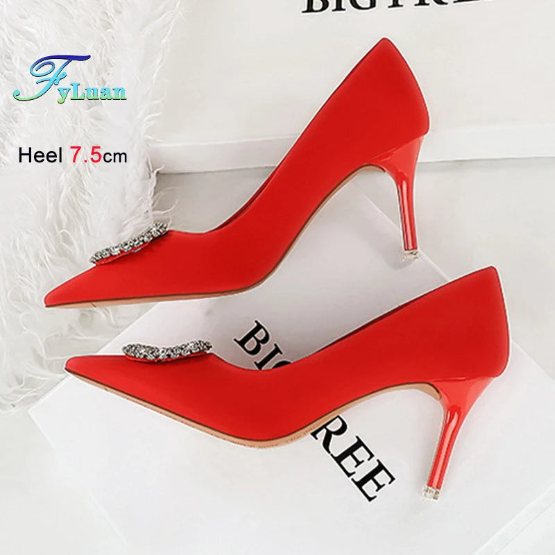 2025 New Shallow Mouth Women's Pumps Fashion Satin Rhinestone Round Buckle Stiletto Solid Color Pointed Sexy Ladies Single Shoes