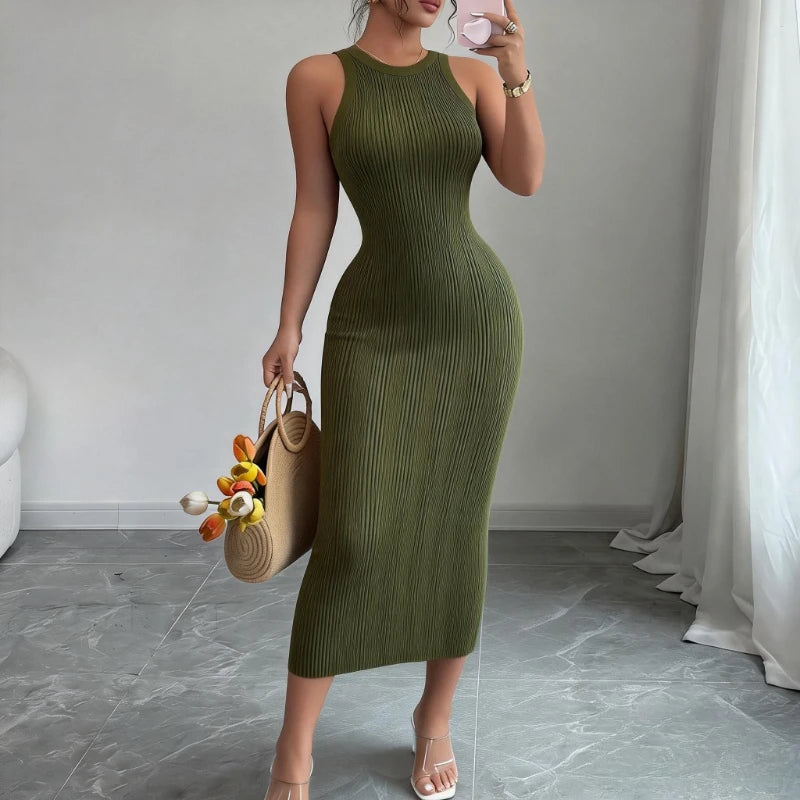 Women's Green Sleeveless Crew Neck Sundress Wave Textured Stretchy Knit Bodycon Maxi Dress Summer Daily Party Vacation Dress - Prolificstore