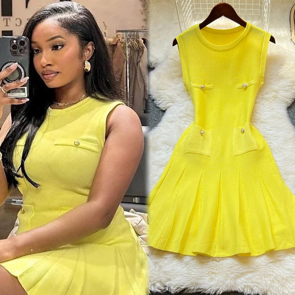 YuooMuoo Chic Fashion 2026 Summer Pleated Short Dress Women O-neck Slim Waist A-line Party Dress Streetwear Lady Outfits Vestido - Prolificstore