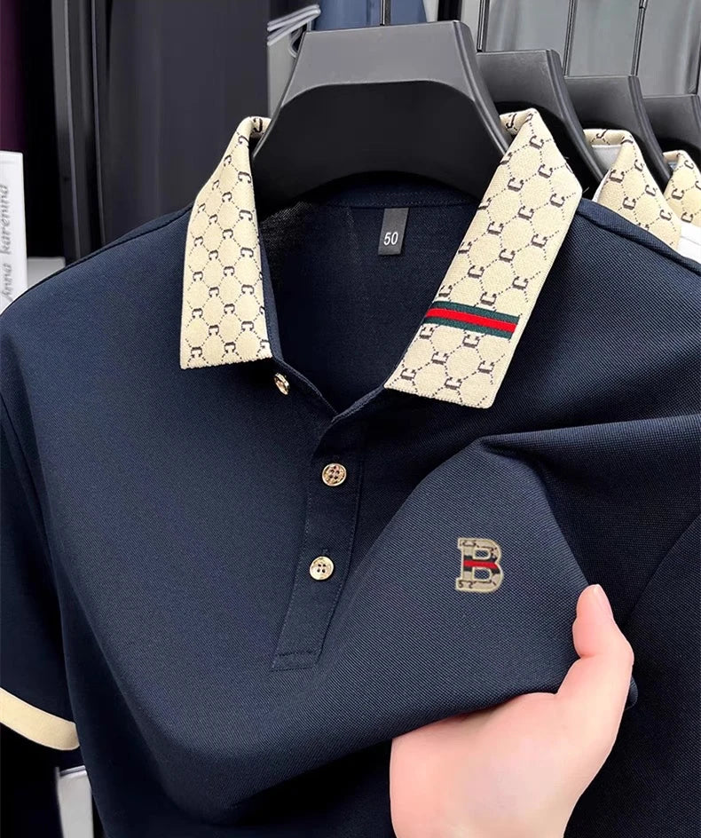 Luxury brand B letter embossed short sleeve polo shirt men summer lightweight breathable new fashion color blocked lapel T-shirt - Prolificstore