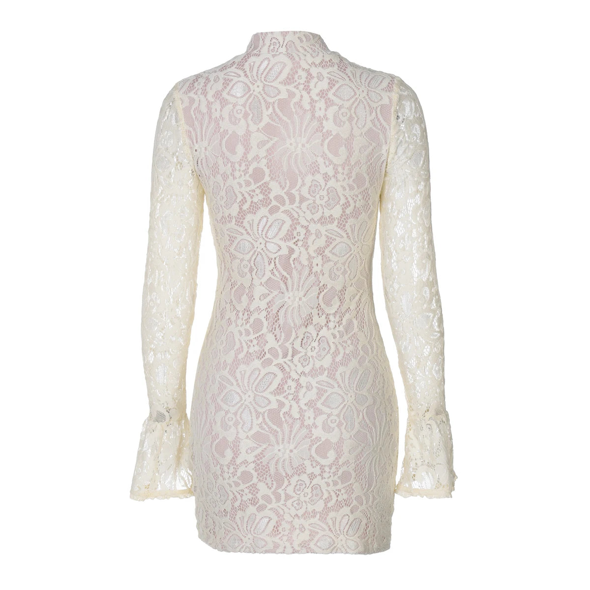 Hugcitar Turtleneck Long Flare Sleeve Patchwork Lace Hollow Out Button Sexy Mini Dress 2025 Spring Women Clothes Party Nightclub - Prolificstore
