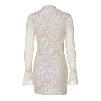 Hugcitar Turtleneck Long Flare Sleeve Patchwork Lace Hollow Out Button Sexy Mini Dress 2025 Spring Women Clothes Party Nightclub - Prolificstore