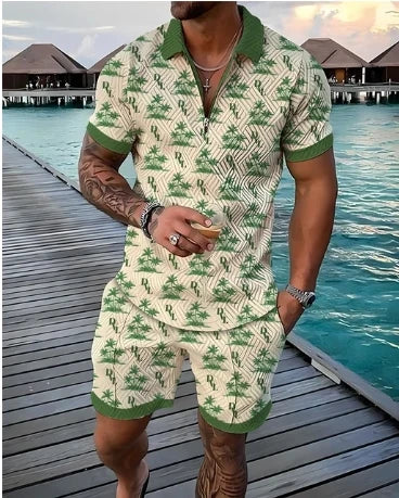 Summer New Men's 3D Printing Short Sleeve Zipper Polo Shirt Shorts Set  Men Casual  2-piece Vacation Beach Set - Prolificstore