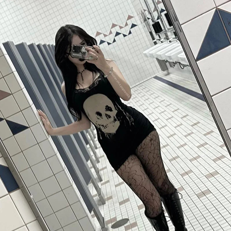 AltGoth Cyber Punk Gothic Dress Women Streetwear Harajuku Skull Printed Sleeveless High Waist Bodycon Dress Grunge Rave Outfits
