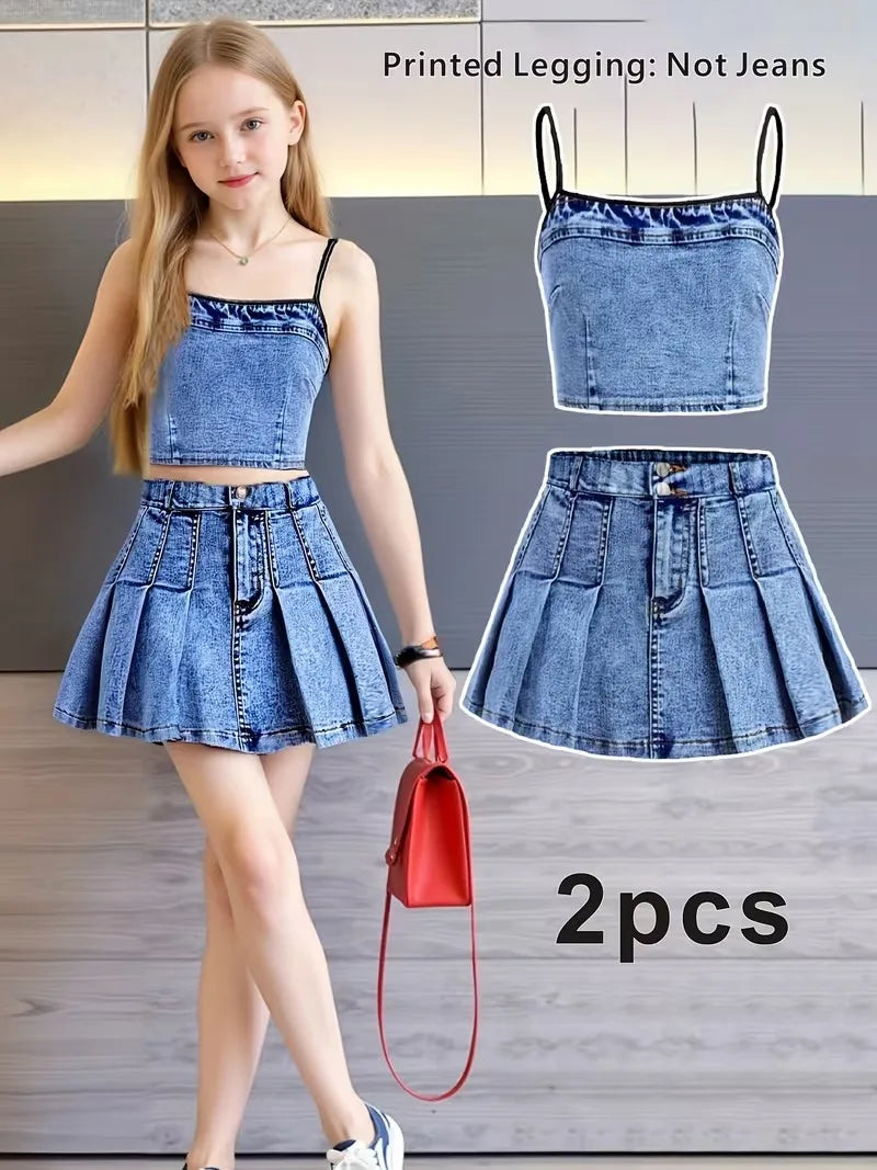 Girls 2-Piece Faux Denim Outfit – Denim Print Cami Crop Top & Pleated Mini Skirt Set (Non-Denim Fabric)