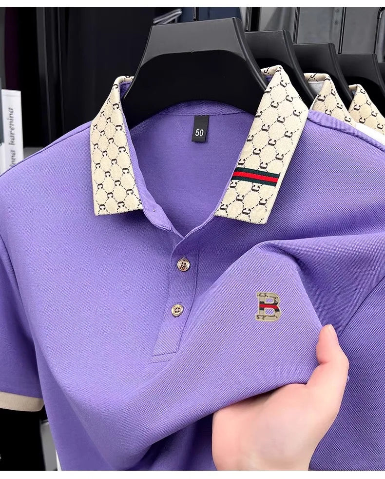Luxury brand B letter embossed short sleeve polo shirt men summer lightweight breathable new fashion color blocked lapel T-shirt - Prolificstore