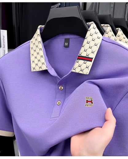 Luxury brand B letter embossed short sleeve polo shirt men summer lightweight breathable new fashion color blocked lapel T-shirt - Prolificstore