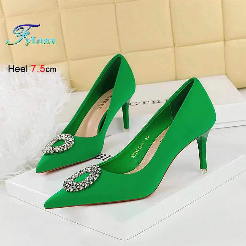 2025 New Shallow Mouth Women's Pumps Fashion Satin Rhinestone Round Buckle Stiletto Solid Color Pointed Sexy Ladies Single Shoes