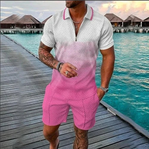 Summer New Men's 3D Printing Short Sleeve Zipper Polo Shirt Shorts Set  Men Casual  2-piece Vacation Beach Set - Prolificstore