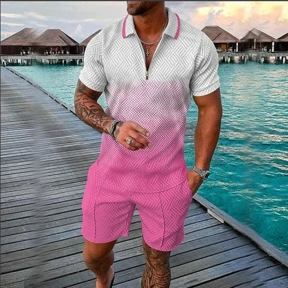 Summer New Men's 3D Printing Short Sleeve Zipper Polo Shirt Shorts Set  Men Casual  2-piece Vacation Beach Set - Prolificstore