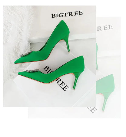 2025 New Shallow Mouth Women's Pumps Fashion Satin Rhinestone Round Buckle Stiletto Solid Color Pointed Sexy Ladies Single Shoes