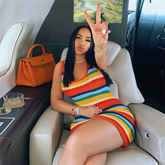 Women Panelled Striped Knitted Hollow Out Mini Dress Casual Tank Sleeveless Bodycon Hot Girl Streetwear Outfit - Prolificstore