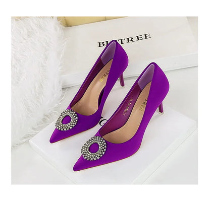 2025 New Shallow Mouth Women's Pumps Fashion Satin Rhinestone Round Buckle Stiletto Solid Color Pointed Sexy Ladies Single Shoes