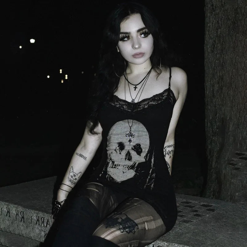 AltGoth Cyber Punk Gothic Dress Women Streetwear Harajuku Skull Printed Sleeveless High Waist Bodycon Dress Grunge Rave Outfits
