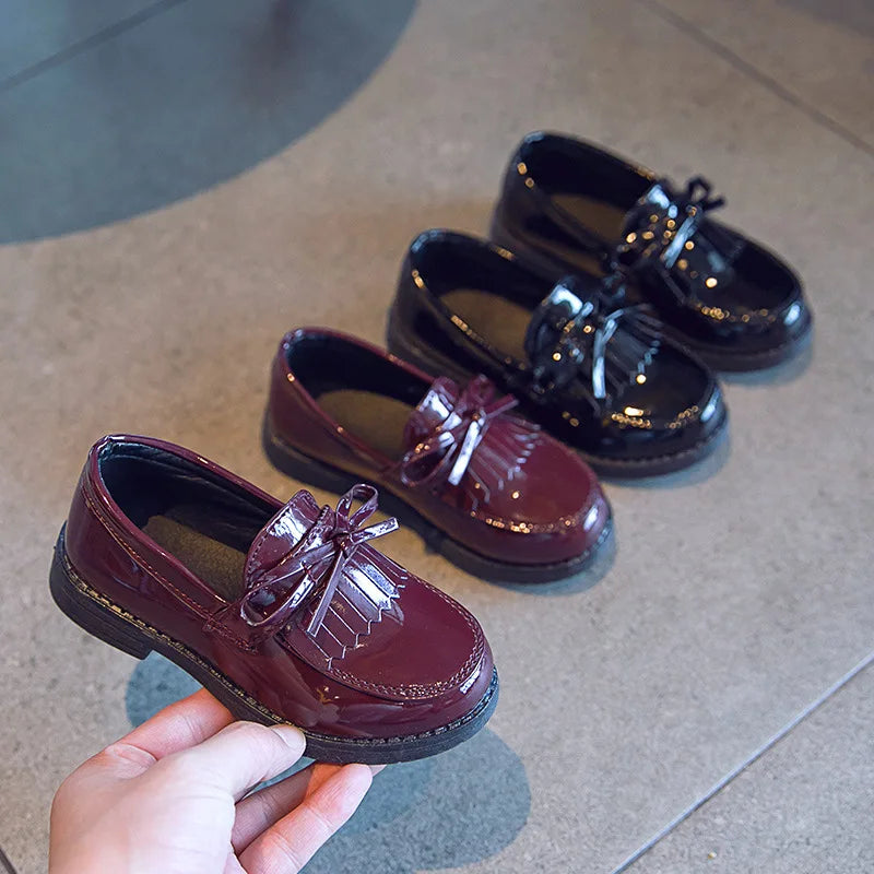 Girls Casual Leather Shoes Kids Flats Tassels with Bow-knot British Style Soft Slip-on Loafers for Wedding Party Bright Skin New - Prolificstore