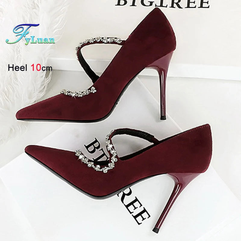 Gorgeous Women's Pumps Rhinestone Chain One Word Strap Design Fashion  Angola Red 10cm High Heels Ladies Nightclub Single Shoes - Prolificstore