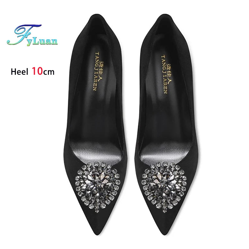 Black Velvet Womens High Heels Elegant Stiletto Pointed Toe Cover Heel Round Flower Pumps Rhinestone Satin Spring Autumn Shoes