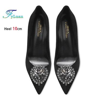 Black Velvet Womens High Heels Elegant Stiletto Pointed Toe Cover Heel Round Flower Pumps Rhinestone Satin Spring Autumn Shoes