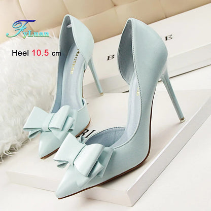 2025 High Heels 10.5cm Women's Shoes Side Hollowed Out Slim Heels Shallow Mouth Lady Pumps Butterfly-Knot Stiletto Banquet Shoes