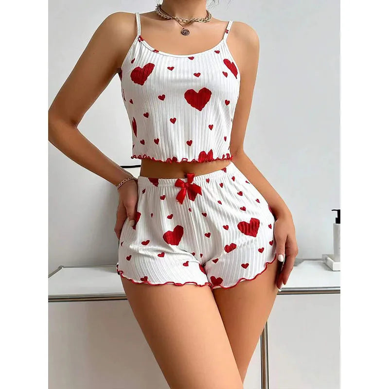 Women's Pajamas Set Sleepwear 2 PCS Short Tank Tops And Shorts S M L White Ventilate Soft Casual Love Printing - Prolificstore