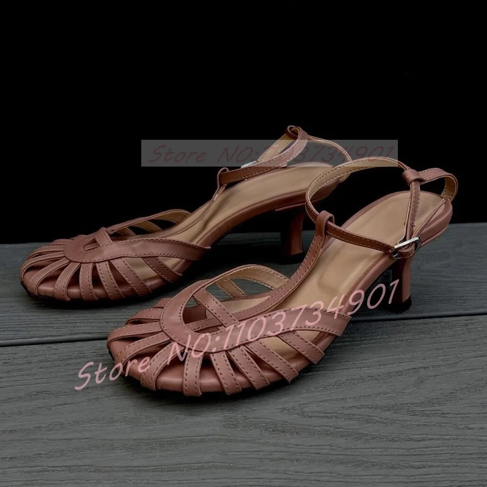Red Caged Toe Sandals Women Sexy T-bar Round Toe Ankle Strap High Heels Shoes Ladies Casual Patent Leather Sandals