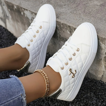 Fashion Lightweight Women's Sneakers - Black, White and Gold Embellished, Lace-Up Low-Top Casual Shoes for All Seasons - Prolificstore