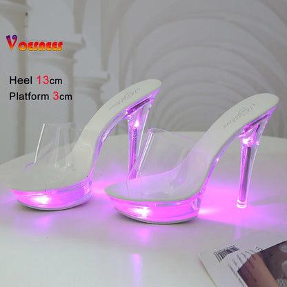 Summer Led Illuminated Women Slippers Super High Heel 13cm Crystal Ankle Buckle Sandals Transparent Platform Female Party Shoes