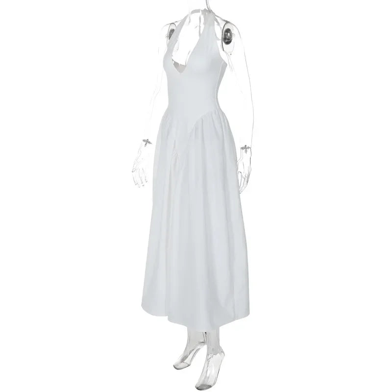 Talenza Backless Deep V Spliced Long Dress Summer Women's Sexy Party Dress Halter New Fashion Slim White Sleeveless Long Dress