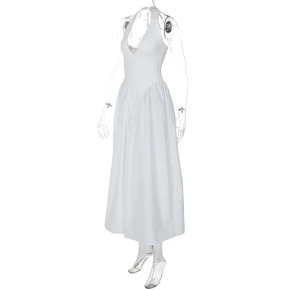 Talenza Backless Deep V Spliced Long Dress Summer Women's Sexy Party Dress Halter New Fashion Slim White Sleeveless Long Dress