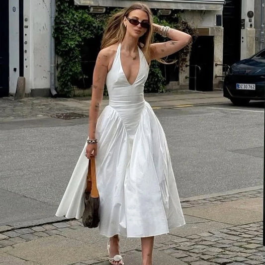 Talenza Backless Deep V Spliced Long Dress Summer Women's Sexy Party Dress Halter New Fashion Slim White Sleeveless Long Dress - Prolificstore