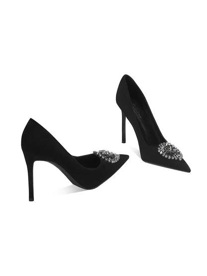 Black Velvet Womens High Heels Elegant Stiletto Pointed Toe Cover Heel Round Flower Pumps Rhinestone Satin Spring Autumn Shoes