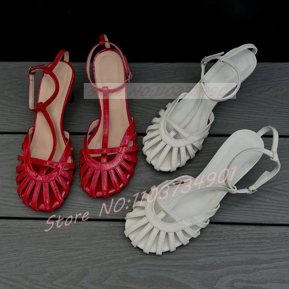 Red Caged Toe Sandals Women Sexy T-bar Round Toe Ankle Strap High Heels Shoes Ladies Casual Patent Leather Sandals