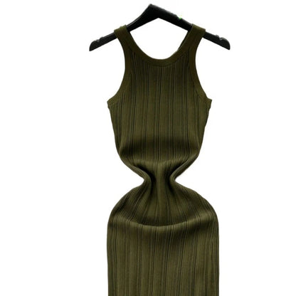 Women's Green Sleeveless Crew Neck Sundress Wave Textured Stretchy Knit Bodycon Maxi Dress Summer Daily Party Vacation Dress - Prolificstore