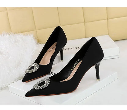 2025 New Shallow Mouth Women's Pumps Fashion Satin Rhinestone Round Buckle Stiletto Solid Color Pointed Sexy Ladies Single Shoes
