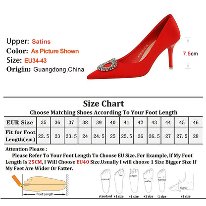 2025 New Shallow Mouth Women's Pumps Fashion Satin Rhinestone Round Buckle Stiletto Solid Color Pointed Sexy Ladies Single Shoes